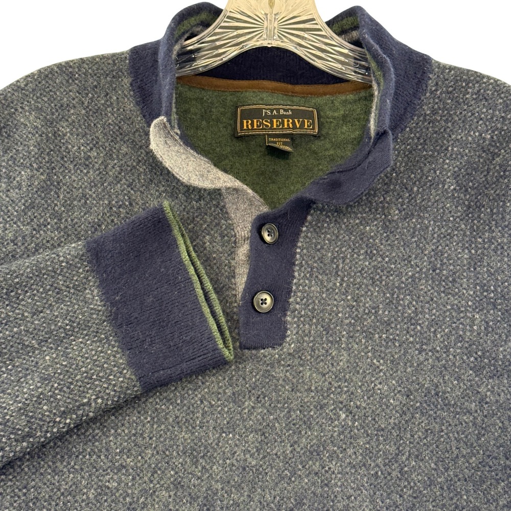 Jos. A. Bank Reserve Sweater Mens L Blue Wool Blend Quarter Button Mock‎ Neck